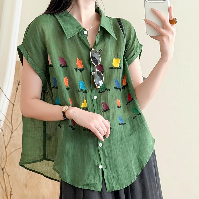 DIMANAF 2026 Summer New Plus Size Women Blouse Shirt Casual Lady Tops Tees Loose Embroidery Floral Cotton