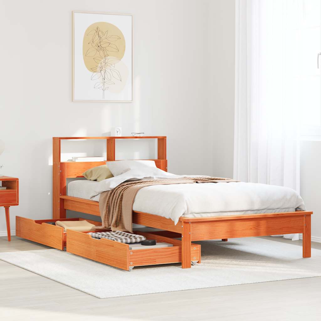 Solid Wood Bed with Shelf Without Mattress Wax Brown 100 x 200 cm