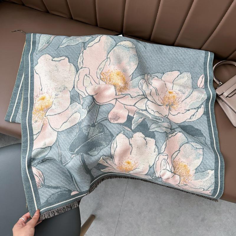Winter new oil painting fashion peony flower imitation cashmere scarf women's elegant warm thickened shawl