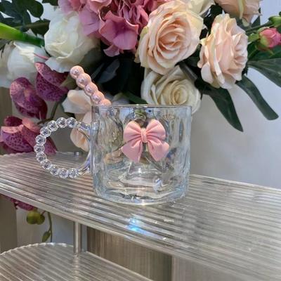 Virale Glas Tasse mit Henkel Hitzebeständig Transparente Tasse mit Schleife Minimalistisches Design für Zuhause Kaffee Tee Getränke Trinken