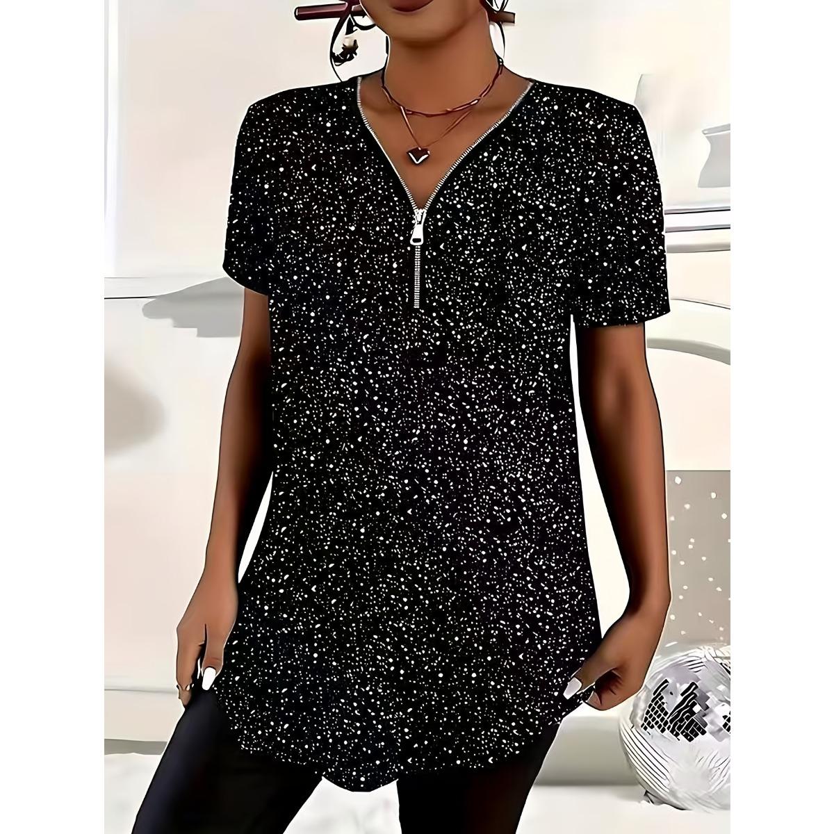 

Spring Summer Plus Size Women s Black White Polka Dot Casual T-shirt Elegant Shiny Zipper Top 1XL чёрный