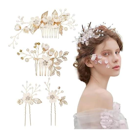 4-Piece Hair Accessory Set for Women - Sparkling Floral Hair Clips & Combs for Kimono, Wedding, Parties, Formal Occasions - White