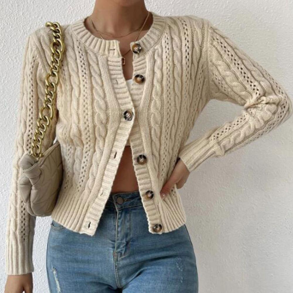 Women's Crew Neck Long Sleeve Cable Knit Button Down Loose Fit Street Style Knit Cardigan