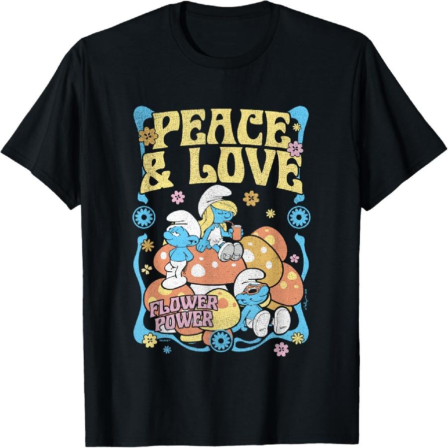 The Smurfs Peace & Love Flower Power Vintage Poster T-Shirt XXXXXL чёрный