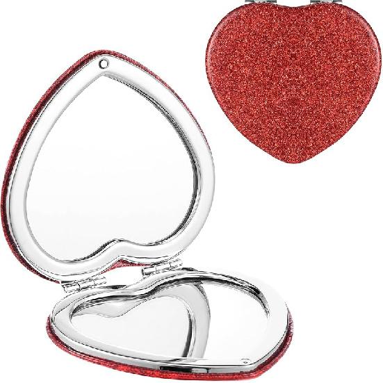 Compact Folding Mirror Heart Shaped Magnifying Mini Vanity Mirror Portable Travel Makeup Mirror for Purse Double-Sided Cute Glitter Cosmetic Mirror Red-silver