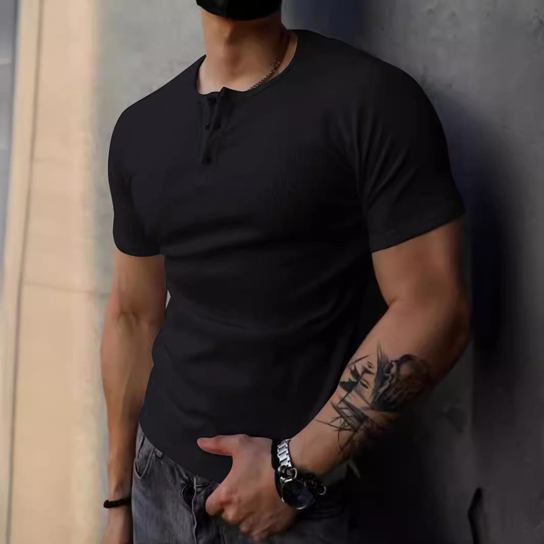 

Чоловіча напівприлегла фітнес-футболка Хенлі 2024 - Однотонна смугаста еластична спортивна футболка з коротким рукавом M армія зелений колір