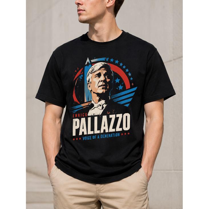 Men s Short Sleeve Crew Neck T-Shirt with Enrico Pallazzo Graphic Print, Soft Cotton Feel, Casual Daily Wear, Bold Political Satire Design S чёрный