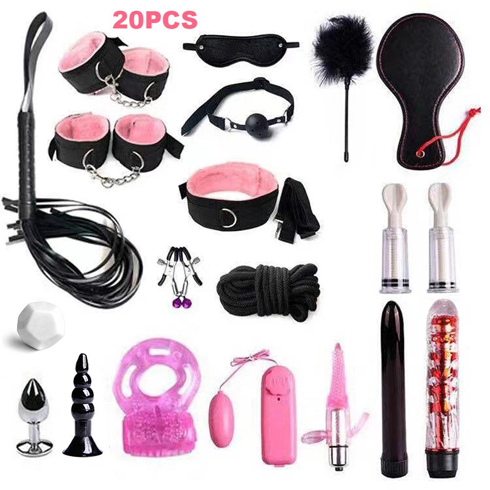 Fetish BDSM Kit Set Sex Toy Handcuffs for Woman Adult Supplies Handcuffs Whip Anal Plug Vibrator Bondage Rope Sexual Sexy Game
