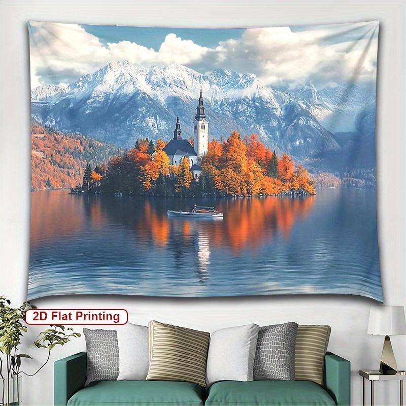 Mountain Lake Scene Tapestry White Church on Island Nature Landscape Polyester Fabricfor Bedroom or Dorm Decor 74x94cm(29x37in)