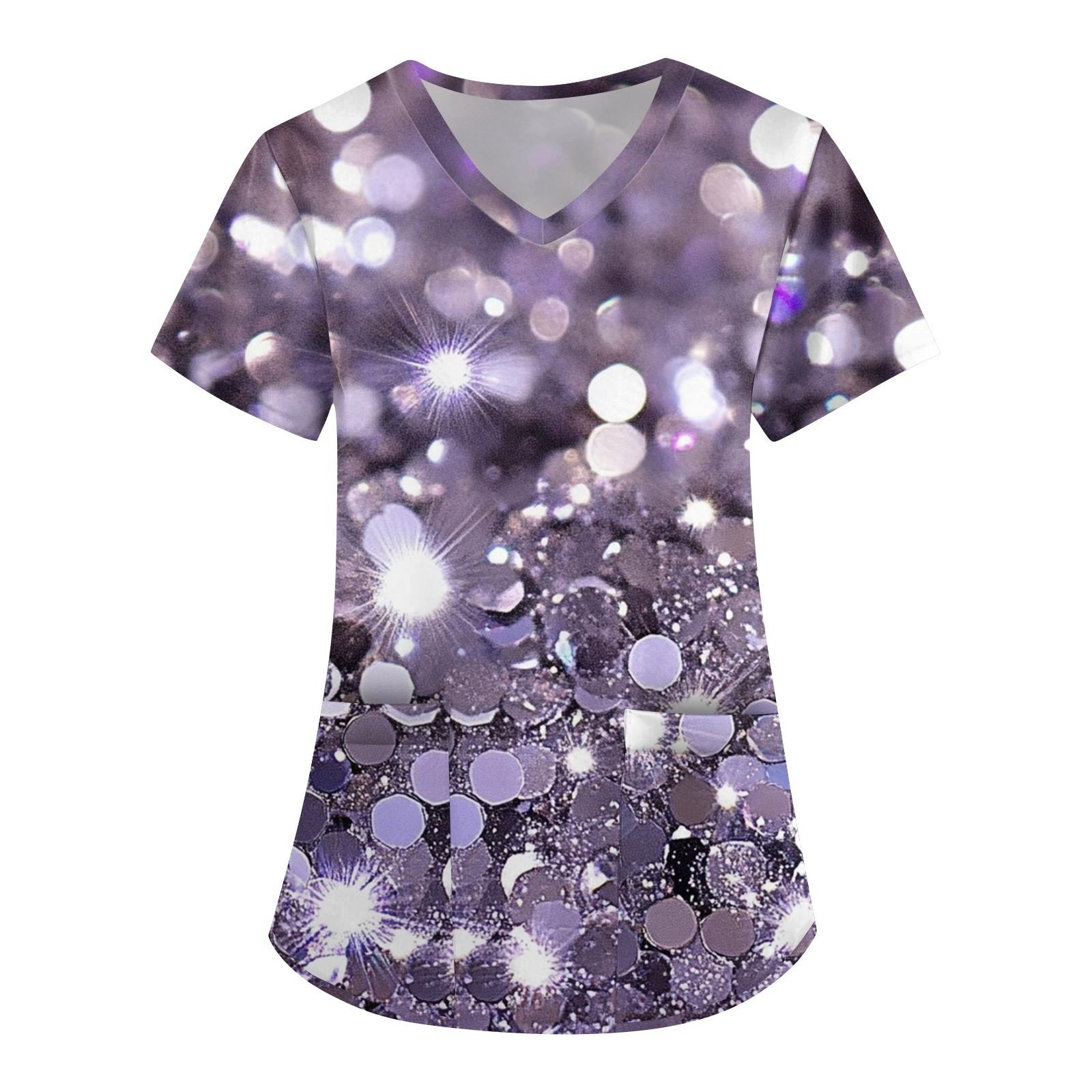 

Short Sleeve For Women Fashion V Neck Retro Print Waist Wrapped Top T-shirt XXL фиолетовый