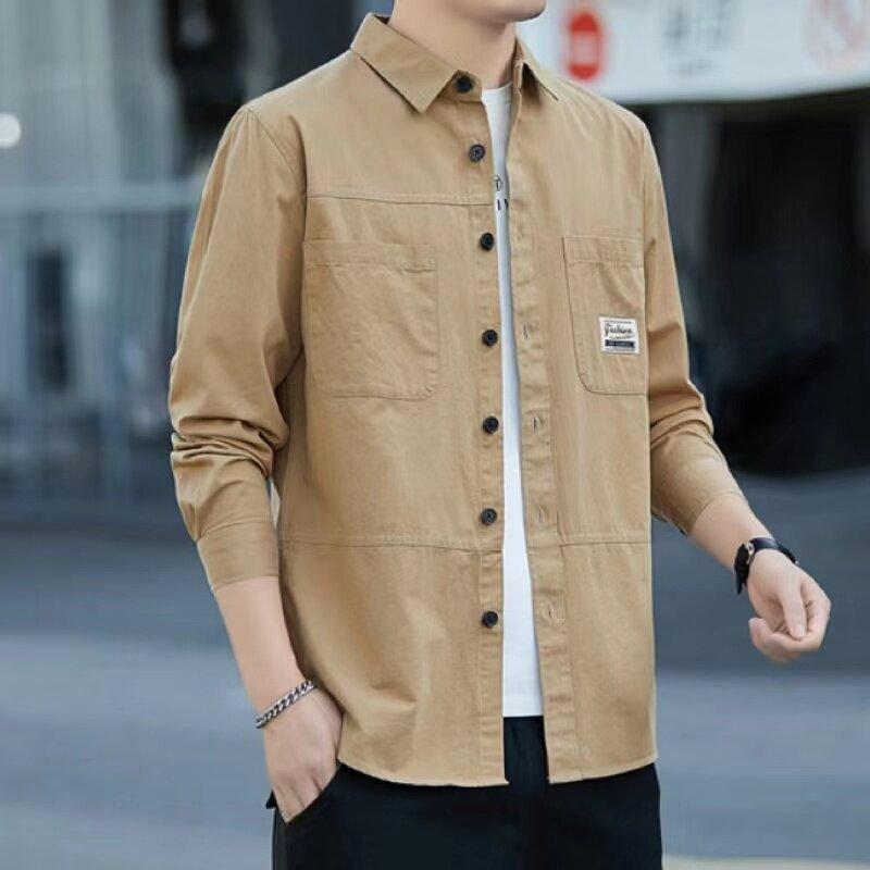 

Весенне-осенняя хлопковая мужская рубашка с длинным рукавом, повседневная свободная модель, не требующая глажки, деловая рубашка, мужская куртка M хаки