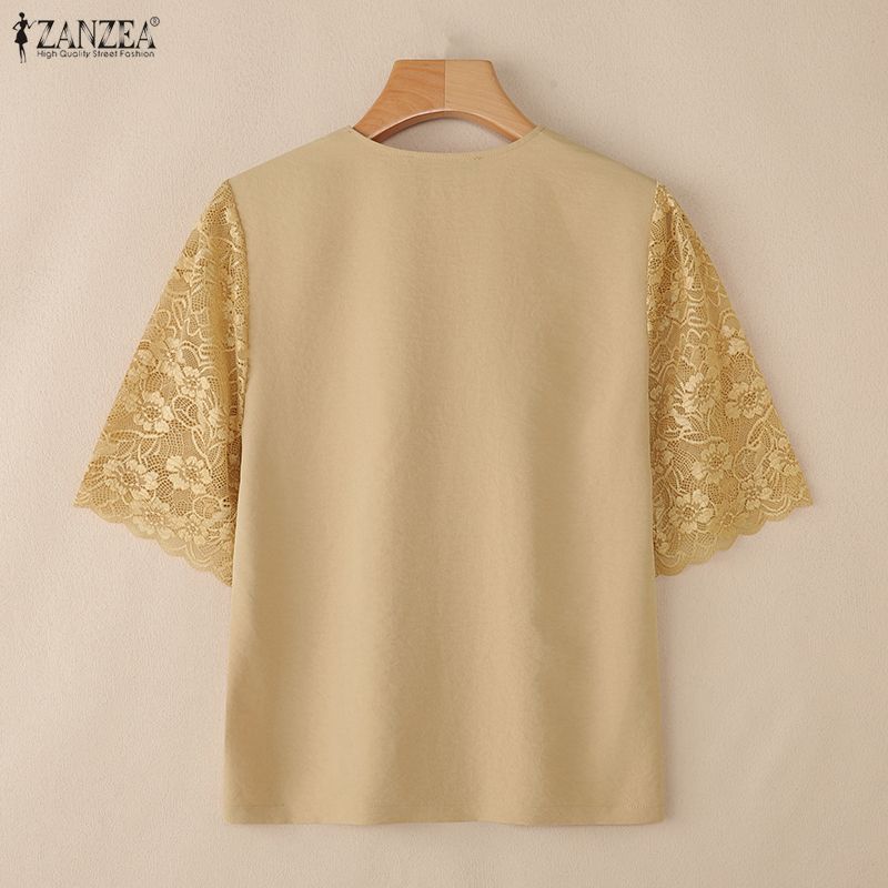 ZANZEA Women Casual V-Neck Loose Lace Splice 3/4 Sleeve Blouse