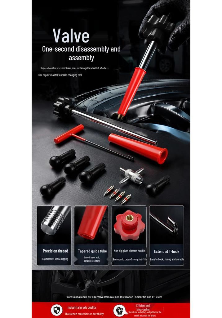 Tire Repair Tool Kit with Valve Core Installation and Tire Lever