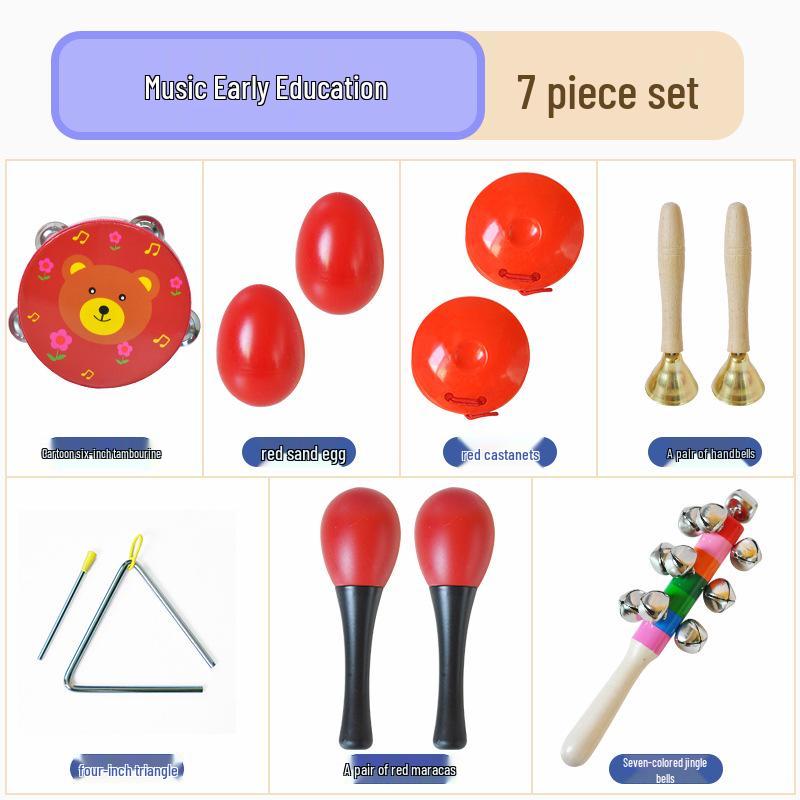 Children's Orff Percussion Instruments: Triangle, Castanets, Maracas, Tambourine, Wood Block, Cymbals