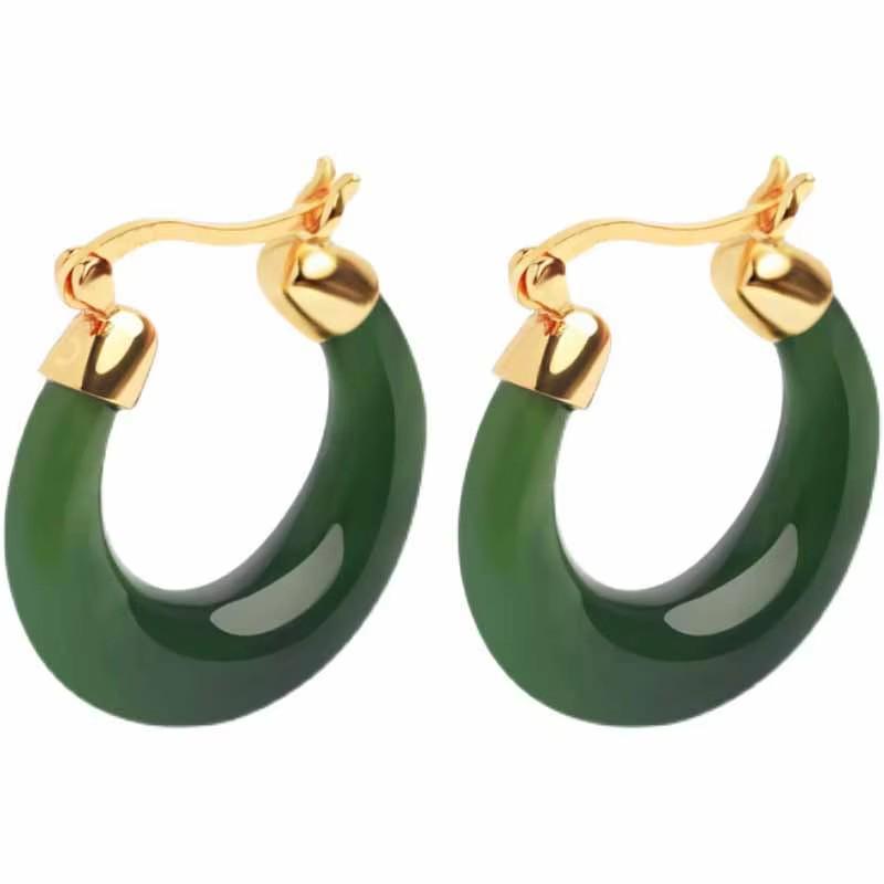 Gold-Plated Green Jasper Retro Dangle Earrings: Natural Chalcedony, Imitation Hetian Jade, Chinese National Style for Women.