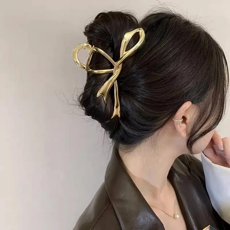 Large Bowknot Womens Hair Claw Clip for Thick Thin Hair Accessories Trendy Elegant Gold Silver Metal Streamer Crab Clamp Jewelry