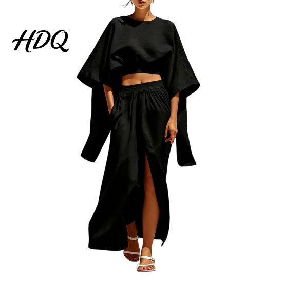Polyester Fiber Outfit Women Summer 2 Piece Outfits Batwing Half Sleeve Crop