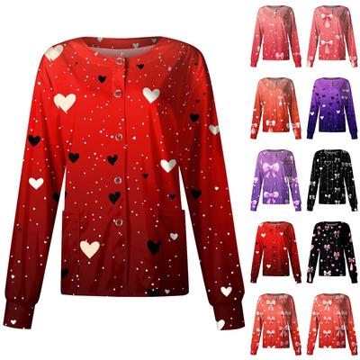 Women's Casual Fashion Long Sleeve Standing Collar Single Breasted Valentine's Day Print Workwear Jacket Tops