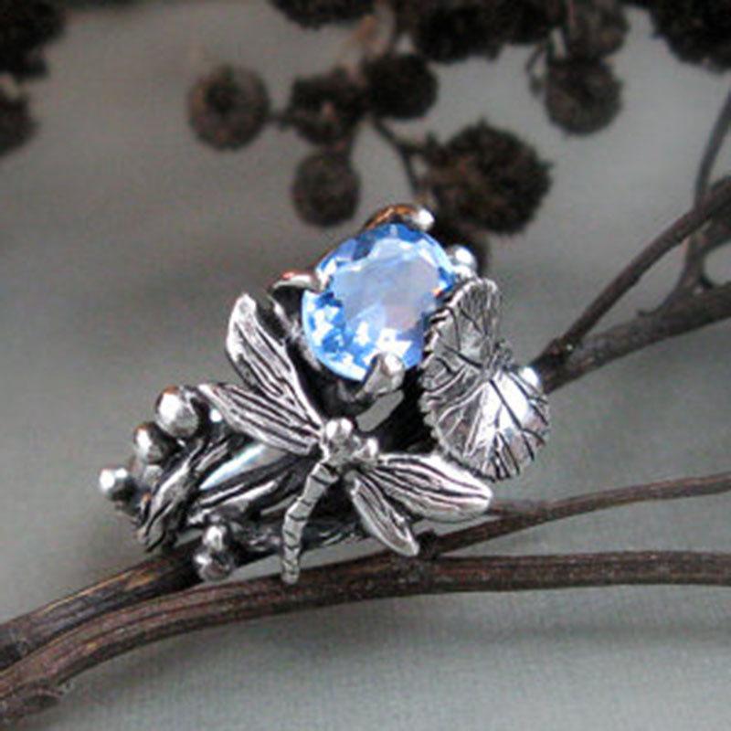 Popular Vintage Dragonfly Lotus Ring with Topaz In Thai Silver