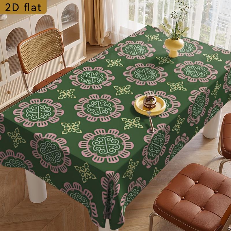 2D Flat Banner Tablecloth, 1pc, Rectangular, for Parties, Kitchen, Indoor Use, Green and Pink Floral Ethnic Geometric Pattern, Event Decoration, for H