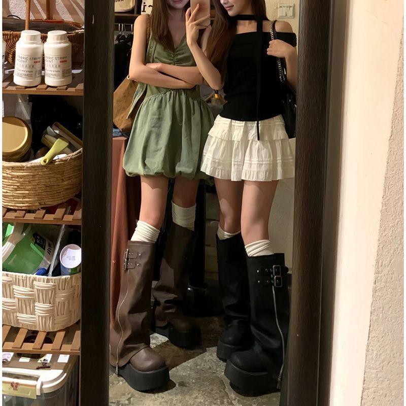 Women's Boots Thick Sole Height Increasing Knee Long Tube Boot Platform Round Toe Side Zipper Fashion Belt Buckle Women Shoes