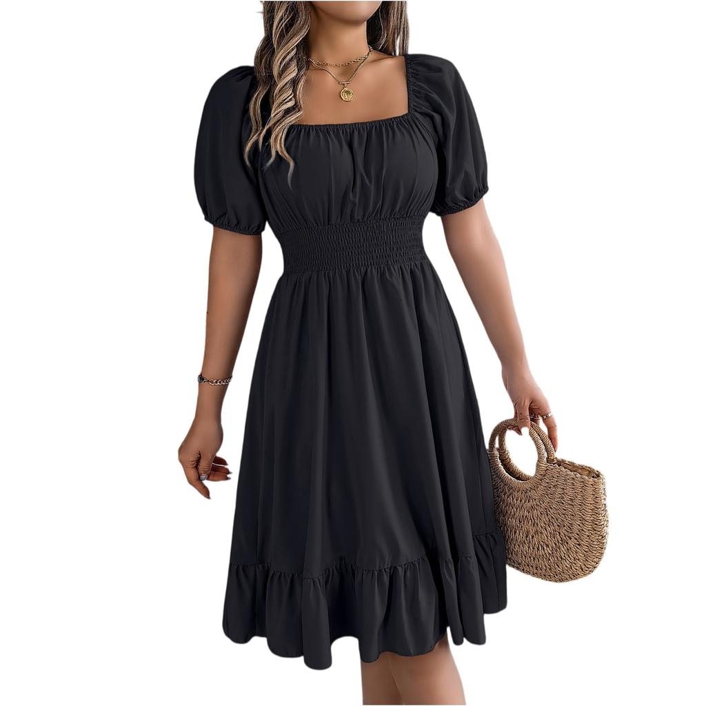 Women's Fashionable Retro Color Square Collar Fungus Hem Waist A-line Long Skirt Short-sleeved Dress