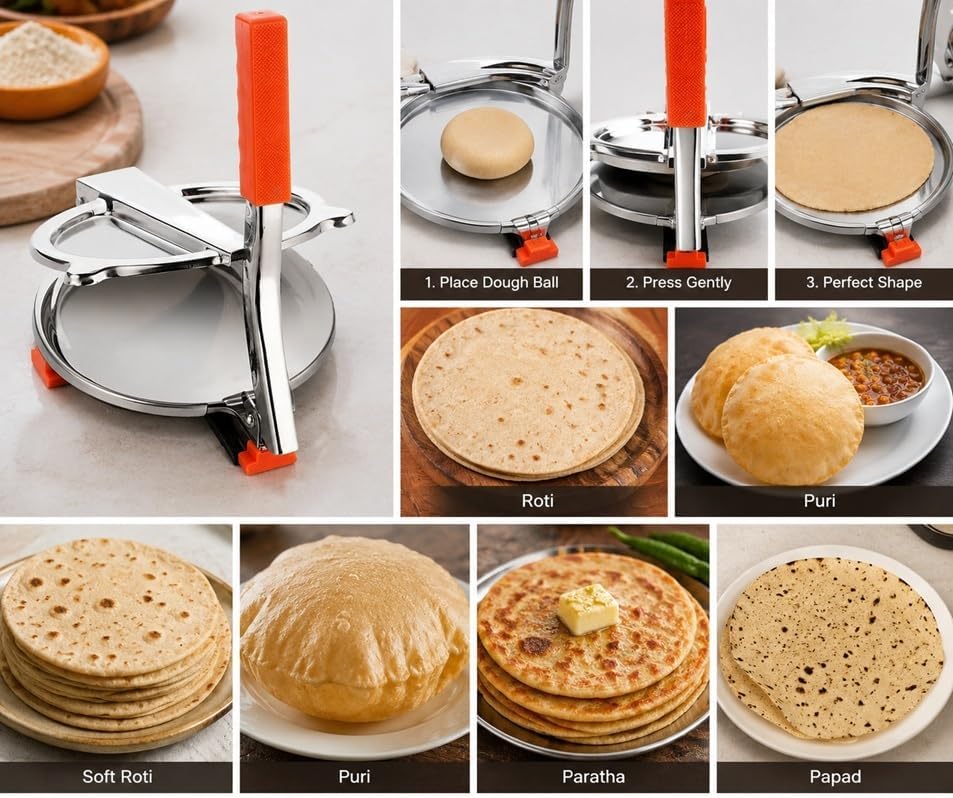 TreegoArt Stainless Steel Puri Maker Press Machine Manual Hand Press With Handle For Making Papad, Khakhra, Poori, Roti and Many More - Pack Of 1