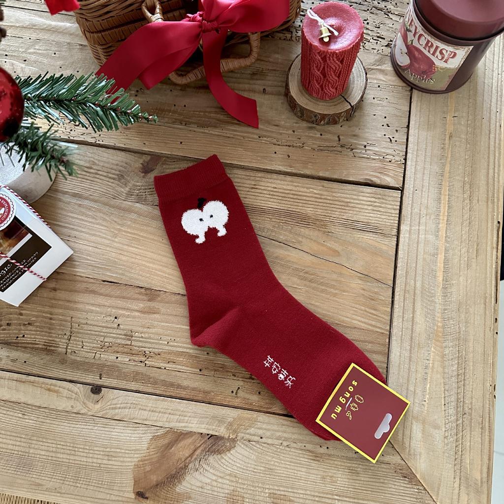 Songmu'S Ping An Xile Red Socks Polka Dot Medium Socks New Year'S Red Sox Niche Design Socks