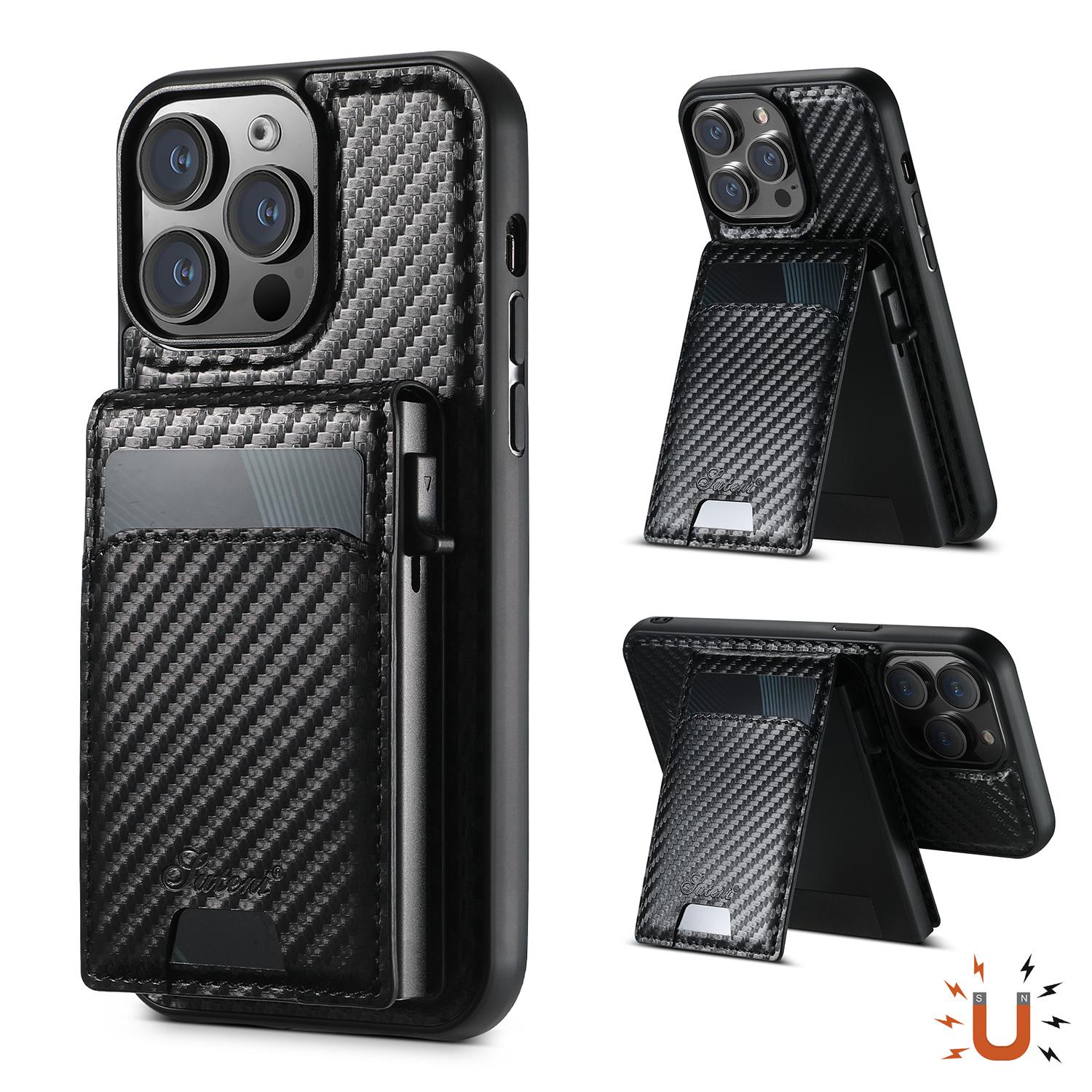 

SUTENI H19 For iPhone 13 Pro Max Magnetic Case Carbon Fiber Texture Leather Back Cover with Card Bag A