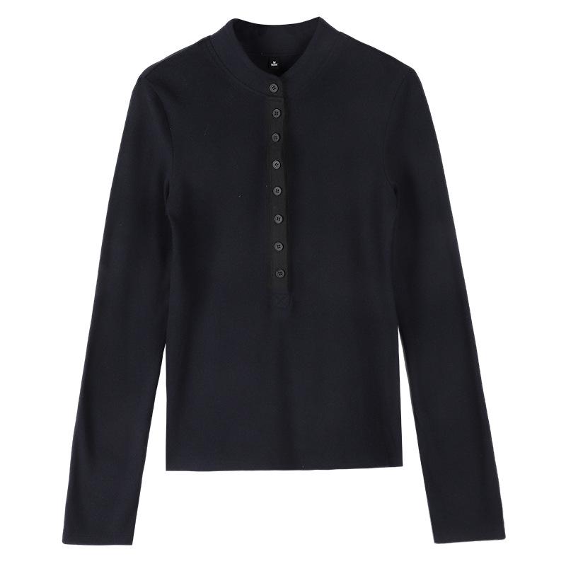 2025 Autumn Women's Long Sleeve Henley Top - Slim Fit Knit with Button Detail