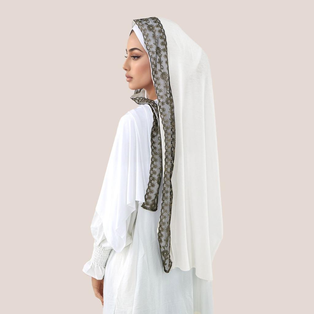 Premium Lace Jersey Hijab Scarf For Women Muslim Embroidered Flowers Hijabs Long Shawl Wraps Headband Scarves Muffler 170*60Cm