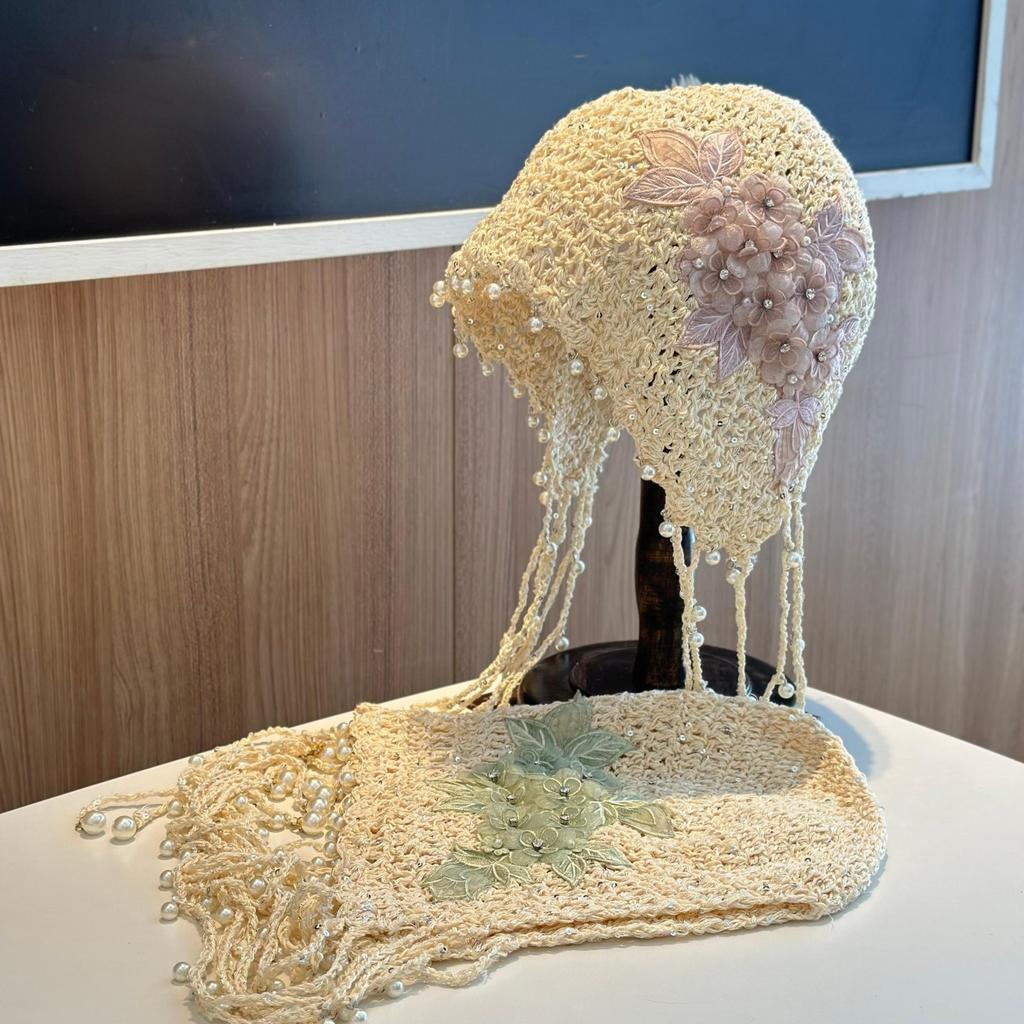 Handwoven pearl tassel baotou hat women's spring and summer hollow crochet ethnic style showing face small versatile knitted hat