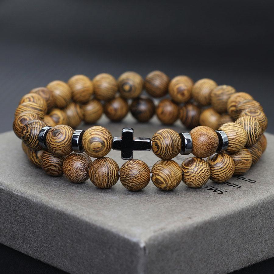 

New 2Pcs Men Bracelet Set Natural Wenge Wooden Cross Braslet Prayer Hematite Healing Braclet Beaded Wrap Jewelry Accessories