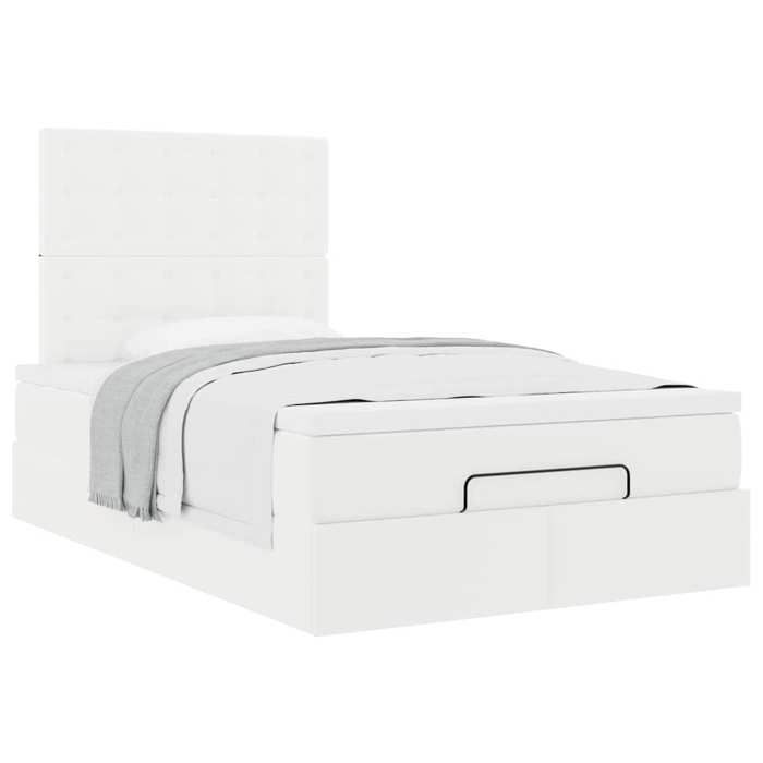 Cadre de lit ottoman - 120x200 cm - Similicuir blanc - Rangement sous le lit - Matelas inclus