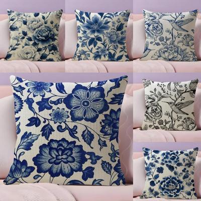 Blue And White Porcelain Cushion Cover Natural Linen Organic Fabric DoubleSided Printing Sofa Home Decor Breathable Bed Pillow