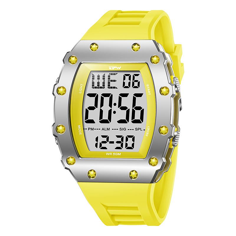 

Модные цифровые мужские спортивные часы LED-дисплей бочкообразные светящиеся наручные часы будильник двойной календарь секундомер электронные часы жёлтый