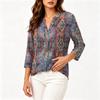 Camicia da Donna Vintage con Stampa Floreale Henley Collo a Bottoni Manica 3/4 in Misto Cotone Lino Top Casual Vestibilità Larga per l'Uso Quotidiano