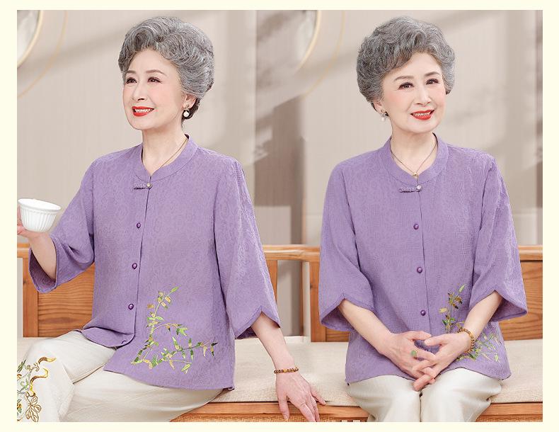 Women's Summer Cotton-Linen Set: 3/4 Sleeve Top & Two-Piece Outfit for Middle-Aged & Elderly