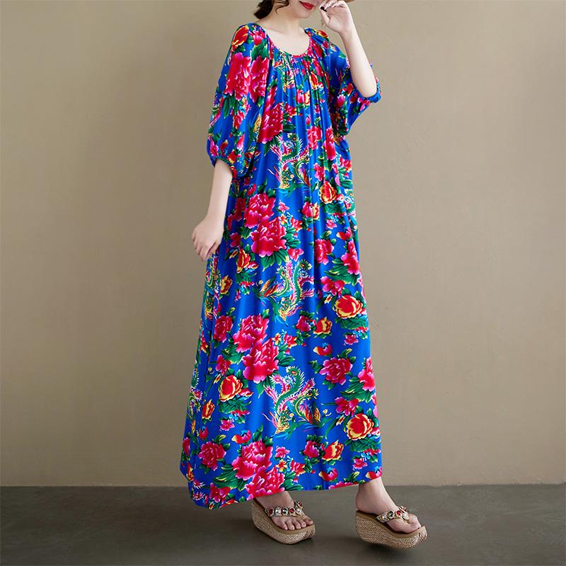 

Dimanaf 2025 Плюс Размер Летнее Платье Новое Винтажное Печать Короткий Рукав Цветочный Повседневный Свободный Женское Платье Большие Размеры One Size синий