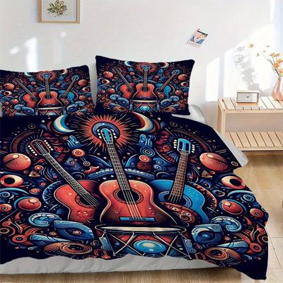 3pcs Guitar Dreams Bedding Cover Set, Fashion Classic Popular Print Bedding Set, Soft Comfortable, All Season Use, For Bedrooma0819125