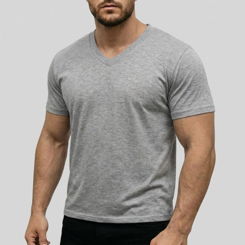 Men V Neck Short Sleeve T Shirt Slim Fit Solid Color Casual Basic Top