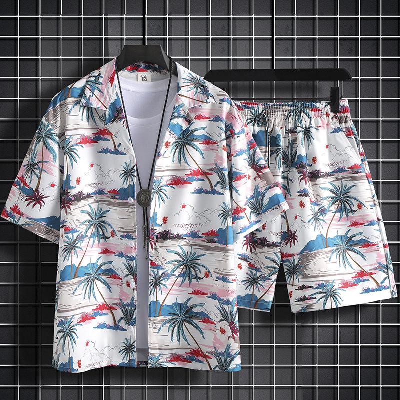 Men's Floral Short-Sleeve Shirt Set - Casual Hawaiian Beachwear for Couples