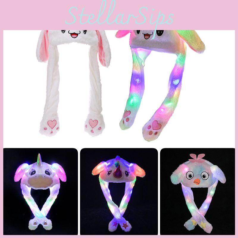 Entzückende Cartoon-Hasen-Damenmütze mit beweglichen Plüsch-Hasenohren und leuchtenden Ohrenklappen