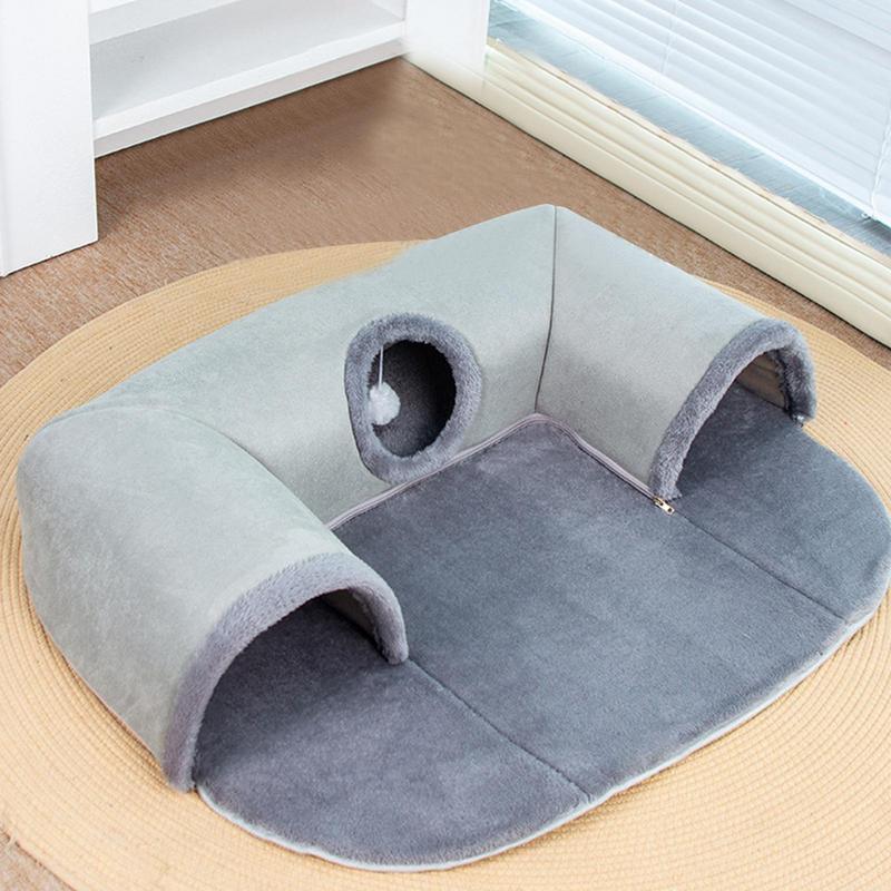 U Shape Cat Tunnel Bed For Indoor Kitten Cave Play Pet Supplies Seasonal Cat Couch with Hanging Plush Ball Toy