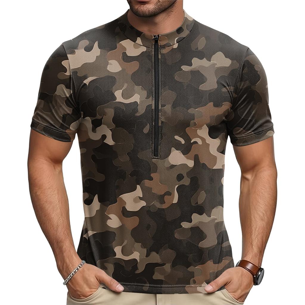 Herren Kurzarm Radtrikot Atmungsaktiv Schnelltrocknend Rundhalsausschnitt Reißverschluss Vorne Leichtes Sportshirt für Outdoor-Fahrten
