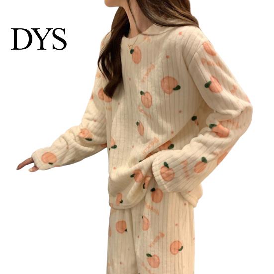 Lady Loungewear 2 Pcs/Set Women Winter Pajamas Set Round Neck Cartoon Bear And Peach Pattern Cozy Long Sleeve Coral Fleece Homewear Top Pants