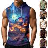 Men's Athletic Sleeveless Hoodie with Drawstring Hood and Front Pocket Halloween Themed Print Casual Gym Workout Vest Top