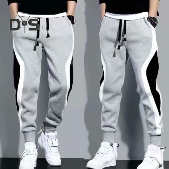 Plus Size Men Sport Pants Contrast Color Ankle-banded Sweatpants Drawstring Elastic Waist Loose Trousers with Pocket for Daily Exercise