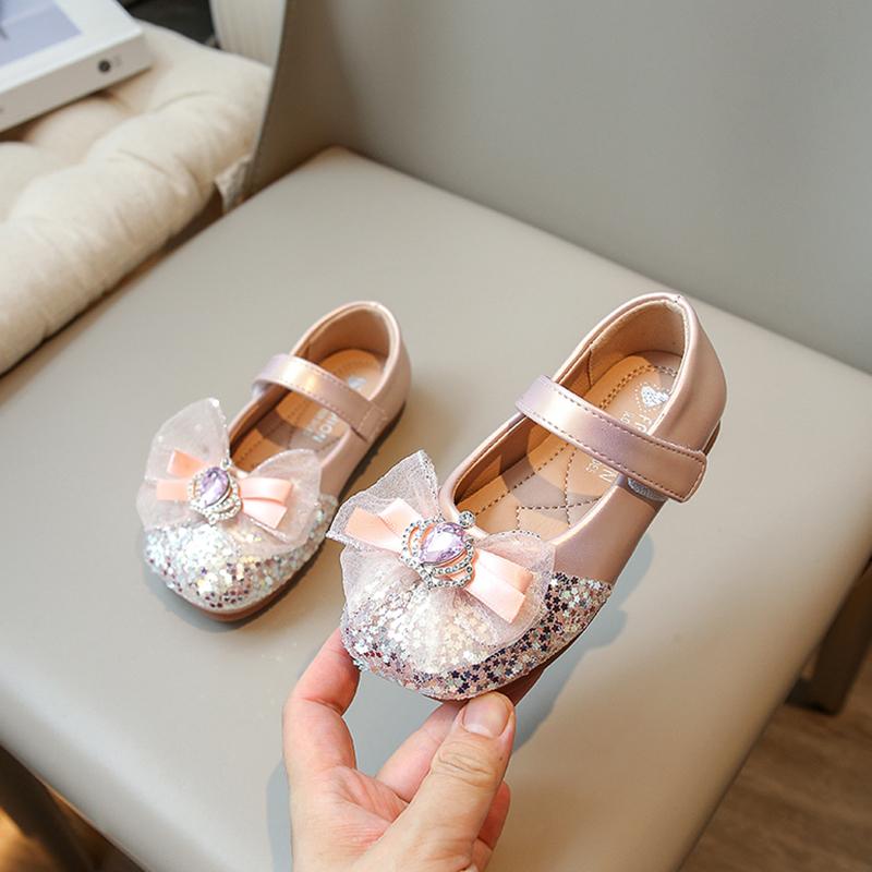 New Girls Mary Jane Shoes for Party Wedding Shows Rhinestones Bow Sequins Hook & Loop Children Fashion Leather Shoes 2024 Korean