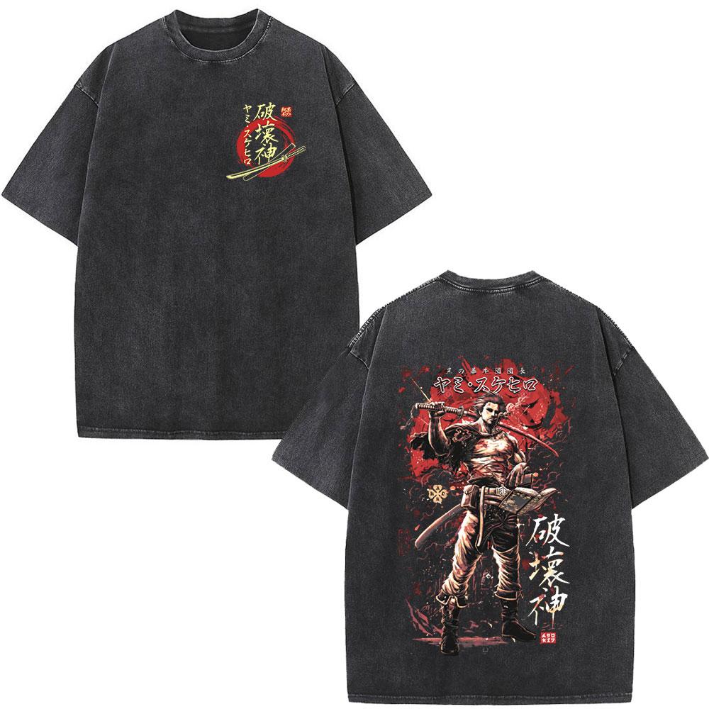 Japanese Anime Black Clover Washed T Shirt Yami Sukehiro Double Sided Graphic Print Tshirt Harajuku Streetwear T Shirts Tops S